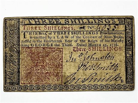1776 New Jersey Three Shillings Colonial Currency Note