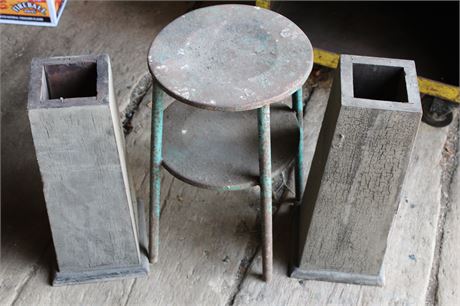 Metal Stool and Two Antique Table Pedestals