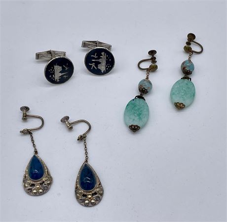 Vintage Sterling Silver Siam Style Cuff Links and 2 Pair Clip Earrings