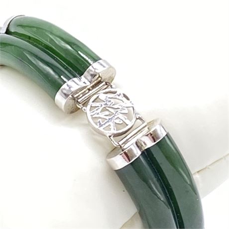 Natural Jade and Sterling Silver Designer Bracelet - 7"