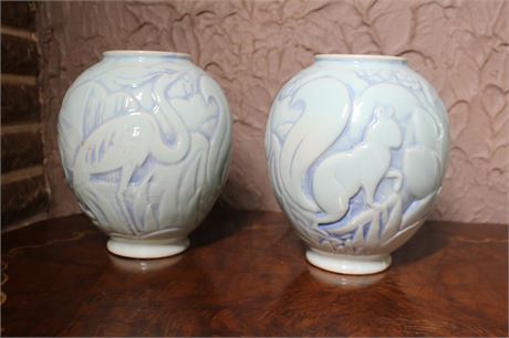 Cowan Pottery Vase  Turquois on Blue glaze with Raised Squirrel & Crane