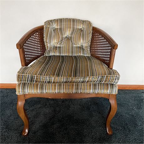 Vintage Cane Back Barrell Chair with Striped Upholstery