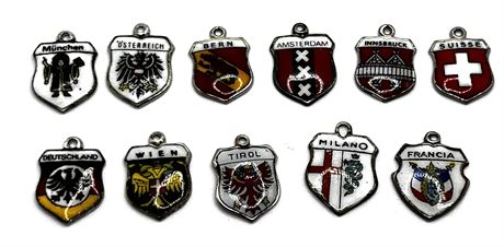 Lot of 11 Vintage Hand Painted Cities Travel Shield Charms in 800 Silver