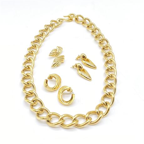 Vintage Monet Thick Chain Link Gold Tone Necklace and Earrings