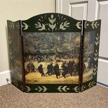 Vintage Solid Wood Folding Fireplace Screen with Bear Scene