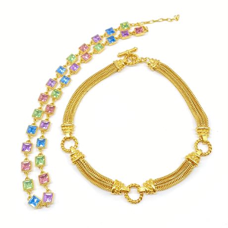 Gold Tone and Square Pastel Rhinestone Costume Jewelry Necklaces