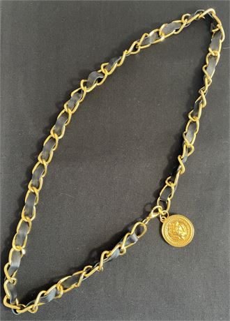 Black Leather Gold Tone Chain Belt with Lion Medallion