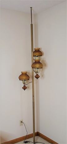 Mid Century Tension Pole Lamp w Amber Hobnail Glass Shades