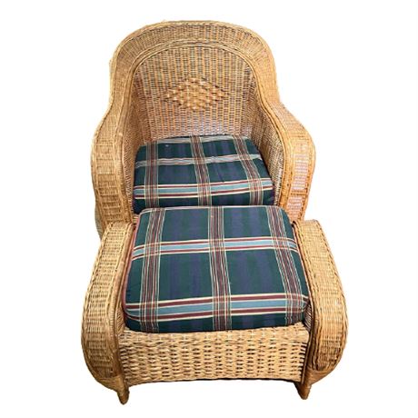 Vintage Natural Wicker Chair & Ottoman
