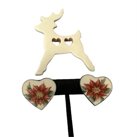 Ceramic Reindeer and Poinsettia Earrings