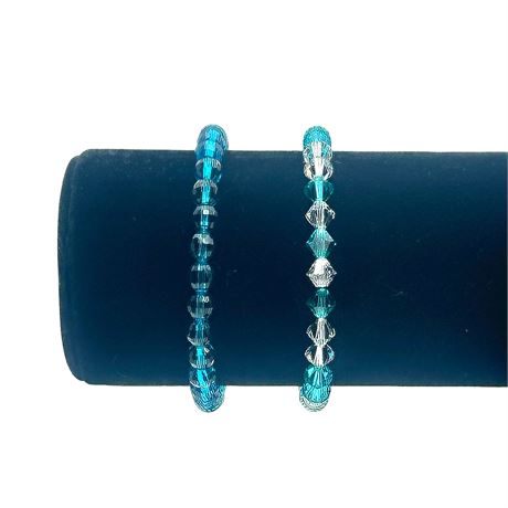 Set of Two Cobalt Blue, Teal and Clear Beaded Elastic Bracelets