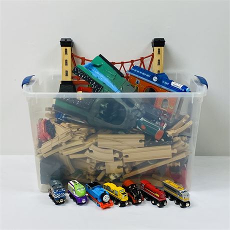 Tote FILLED w/ Wooden Train Set - Tracks, Buildings and LOTS of Trains!