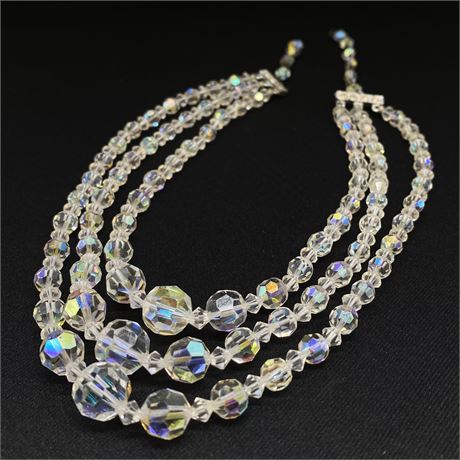 Vintage Aurora Borealis Crystal Beaded 3 Strand Necklace (See Description)