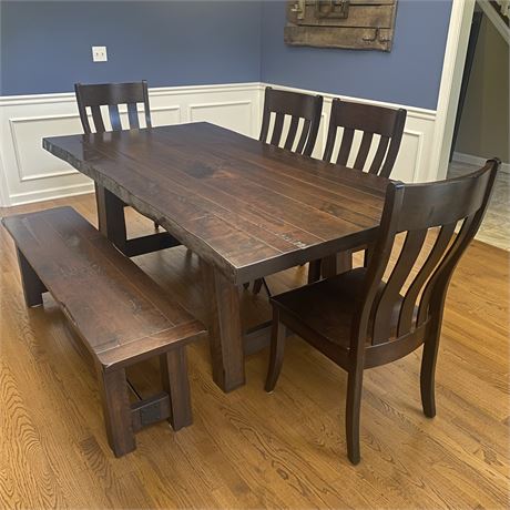Settlers Trestle with Turnbuckle Amish Live Edge Table 4 Chairs and Bench