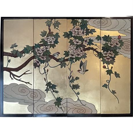 Mid Century Gold Lacquer Cherry Blossom and Love Birds Paneled Screen