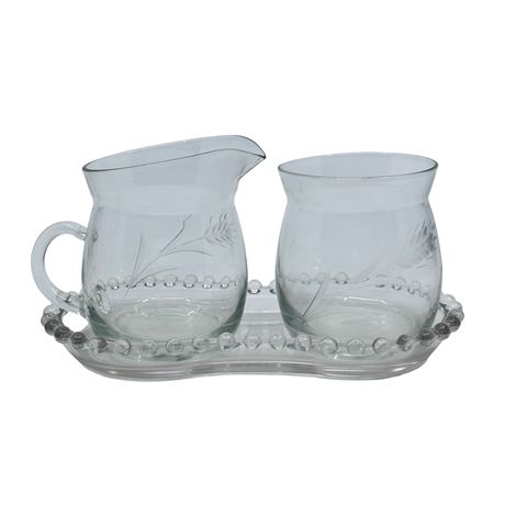 Vintage Needle Etched Glass Creamer and Sugar Set with Imperial Glass Caddy