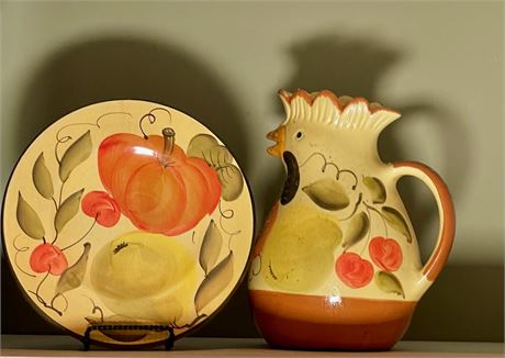 Decorative Italian Pottery Rooster Pitcher and Plate