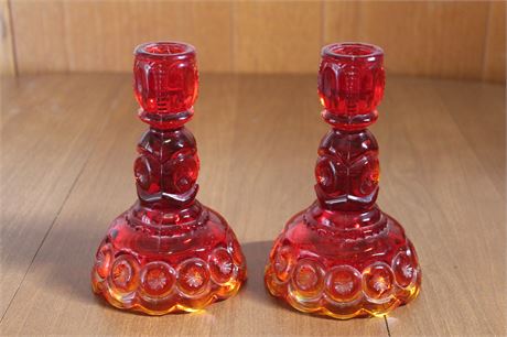 Vintage L.E. Smith Moon And Stars Amberina Glass Candlestick Holders