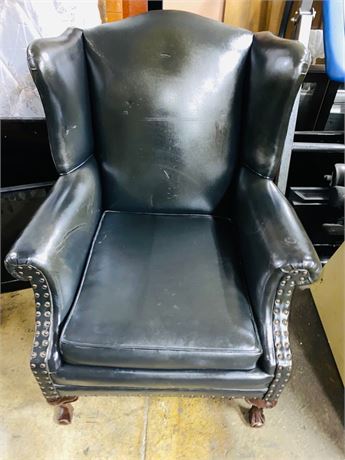 Vintage 1940's Black Leather Ball In Claw Wingback Executive Chair
