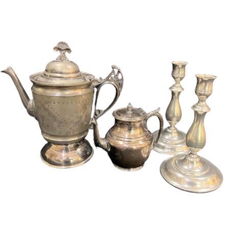 Lot of Pewter Pieces, including Candle Holders and Tea Pot