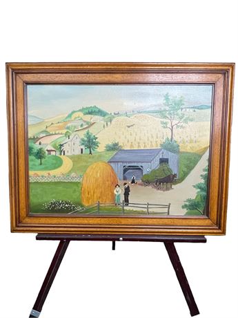 Farm Life Oil Painting in Wood Frame