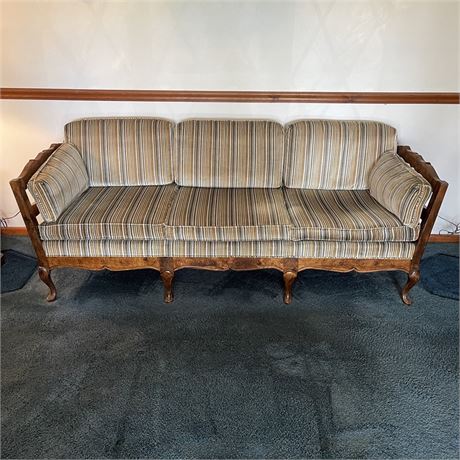 Vintage Wood Framed Sofa with Striped Upholstery