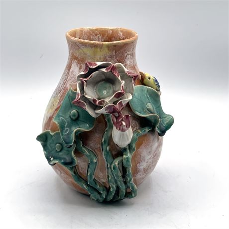Antique Bird and Lily Pad Design Hand Made Ceramic Vase