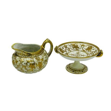 Gold Trimmed Creamer and Footed Dish