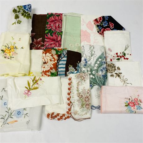 Large Lot of Vintage Handkerchiefs w/ Embroidery, Crotchet, Etc.