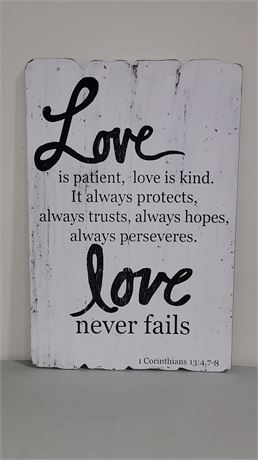 Inspirational Corinthians Love Never Fails wooden sign