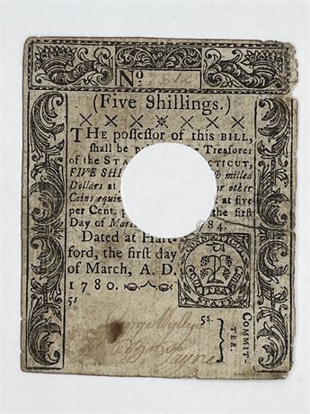 1780 Connecticut Five Shillings Note Colonial Currency