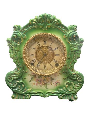 Antique William L. Gilbert Tan Porcelain Time and Strike Mantel Clock
