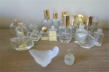 Large empty Perfume bottle lot with 2 vintage bottle stoppers