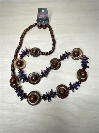Chunky Wood Bead Purple Accent Necklace and Earrings