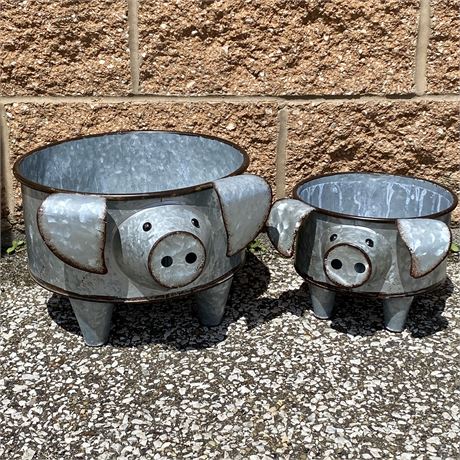 Two Adorable Metal Pig Garden Planters