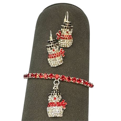 Rhinestone Snowman Earrings and Bracelet