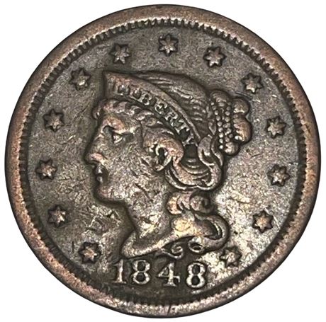 1848 US Braided Head Large One Cent Coin