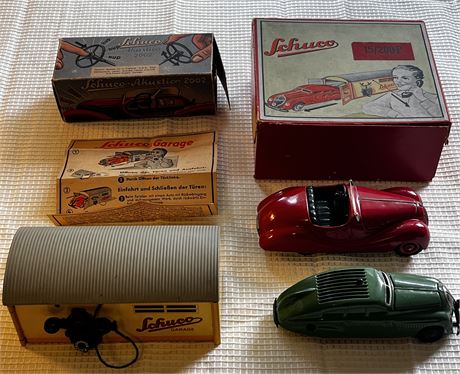 Schuco-Akustico 2002 Garage and Cars Examico 4001 German Wind Up Toy Automobiles