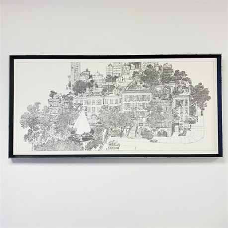 Large 1977 Black and White Neighborhood Print - Signed Delfino