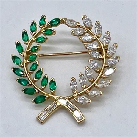 Ladies 18K Yellow Gold Diamond and Emerald Wreath Brooch