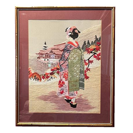 Vintage Embroidered Geisha and Landscape Framed