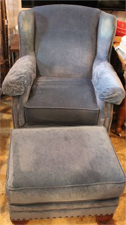 Norwalk Furniture Blue Velvet Armchair with Ottoman