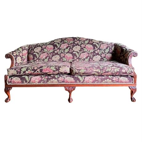 Mahogany Camel Back Sofa, Carved Frame Chippendale Style