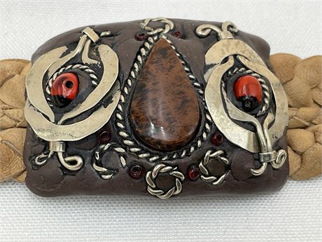 Vintage - Bloodstone & Coral Silver Southwest Leather Bracelet Signed