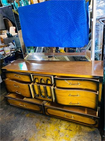 Mid-Century Bassett Dresser with Gold Trim, Laminate Top and Mirror