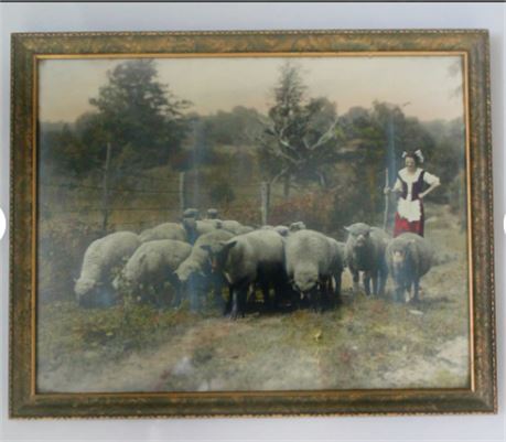 Antique Large Photograph Original Tinted Hand Colored German Maid or Shepherdess