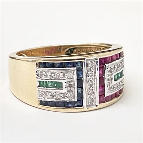 Contemporary 14K, Ruby, Sapphire, Emerald and Diamond Statement Ring