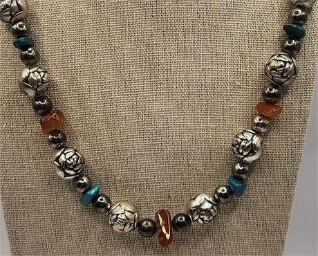 Silver, Turquoise & Carnelian Necklace