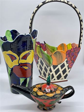 Studio Pottery Fruit Basket, Vase and Tea Pot