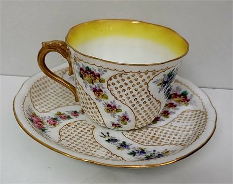 Yellow rimmed Limoges T&V floral teacup